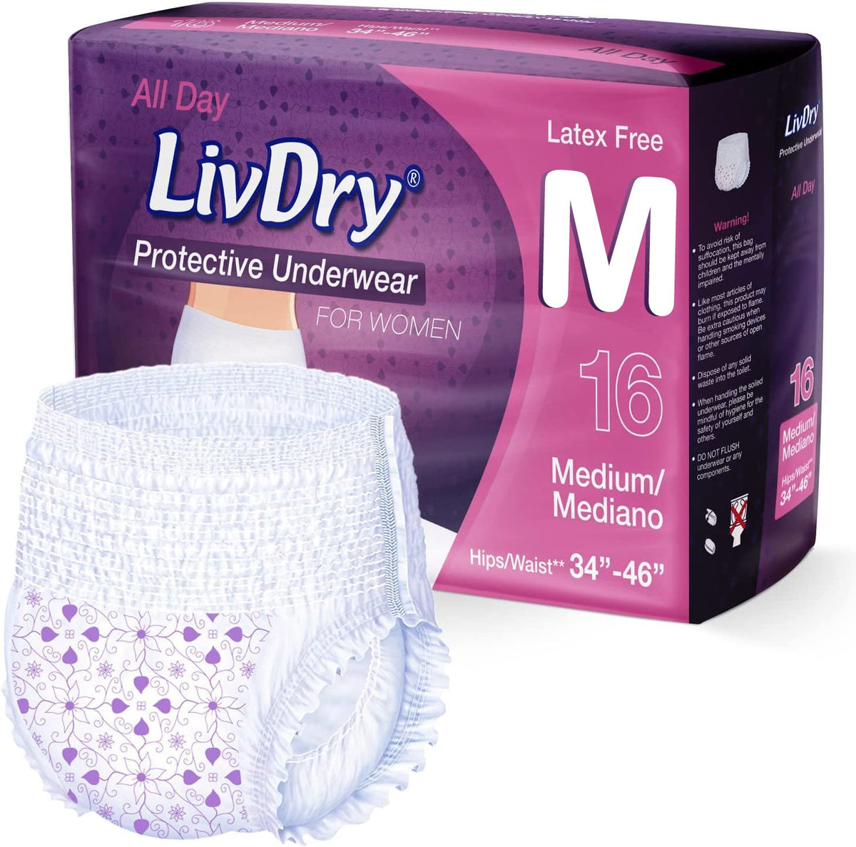 TYE Medical LivDry frente del empaque mostrando conteo y talla, protección clara