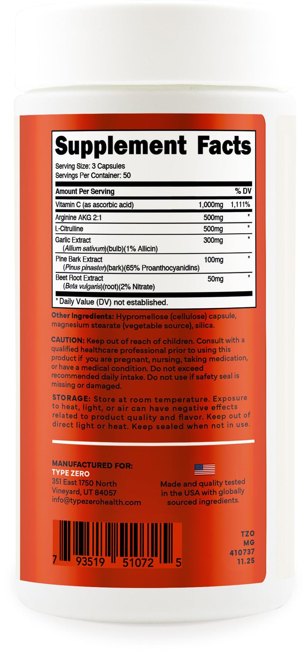 Type Zero comparación de tamaño de la botella para referencia de 150 cápsulas