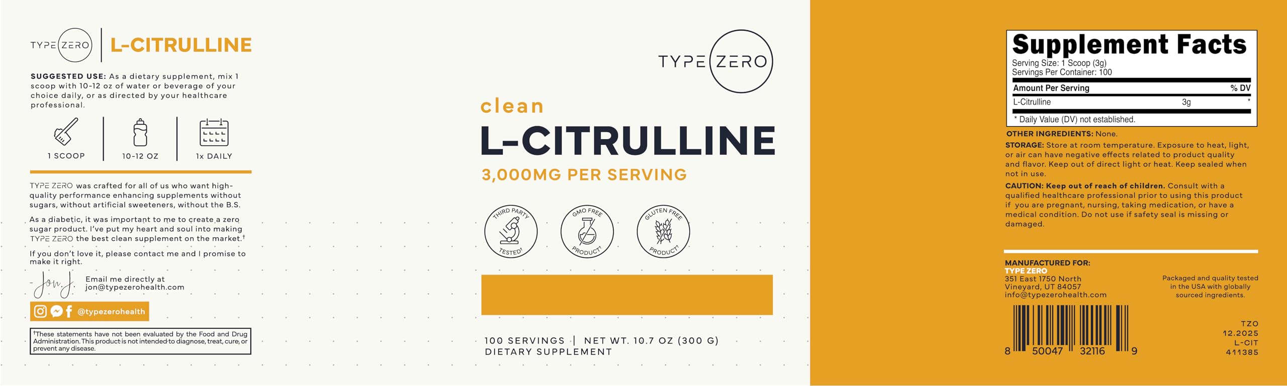 Type Zero etiqueta con información de ingredientes y sellos GMP, garantía de calidad