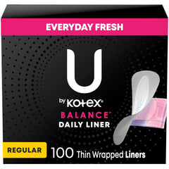 U by Kotex embalaje frontal mostrando 100 protectores para transporte cómodo