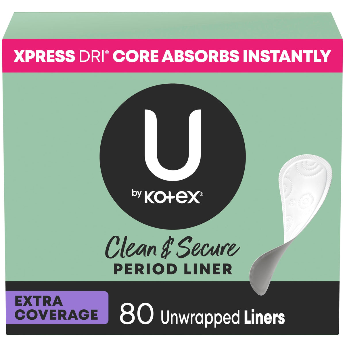 U by Kotex frente del empaque mostrando 80 protectores y beneficio portátil