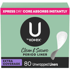 U by Kotex frente del empaque mostrando 80 protectores y beneficio portátil