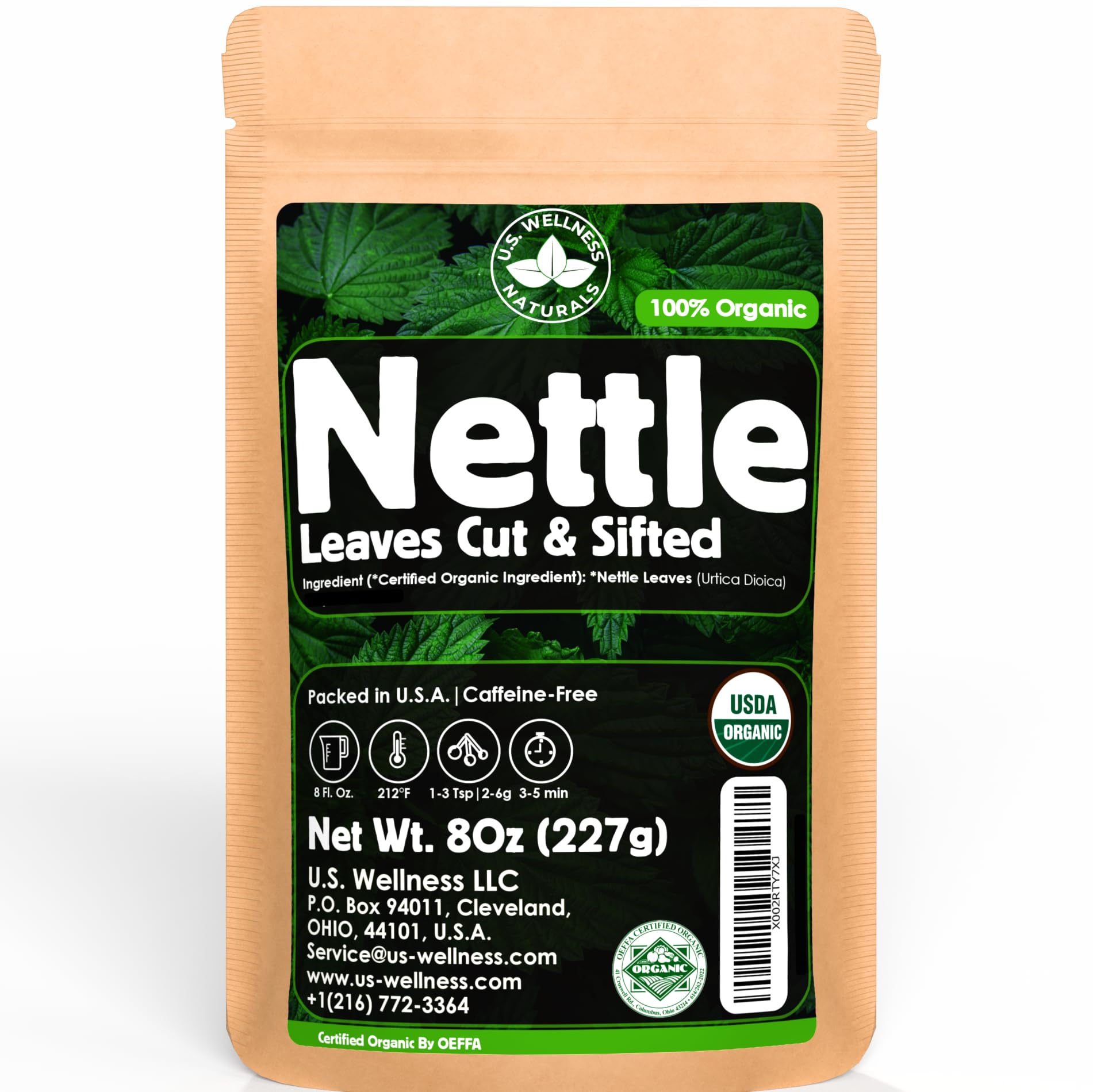 U.S. Wellness Naturals empacado frontal que muestra té de ortiga orgánico y origen