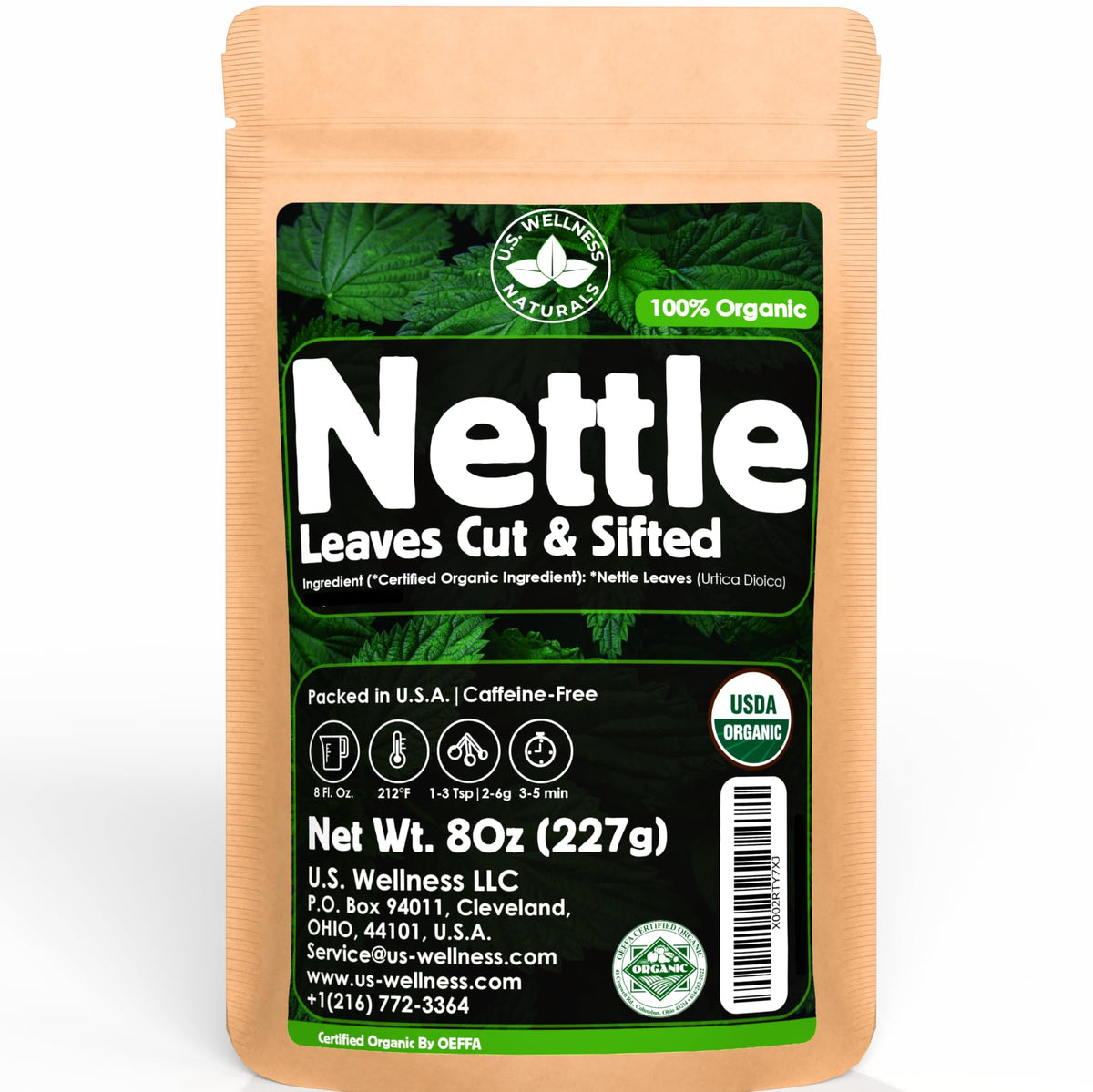 U.S. Wellness Naturals empacado frontal que muestra té de ortiga orgánico y origen