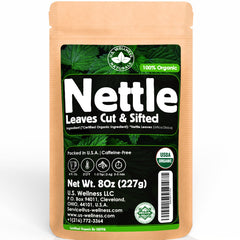 U.S. Wellness Naturals empacado frontal que muestra té de ortiga orgánico y origen