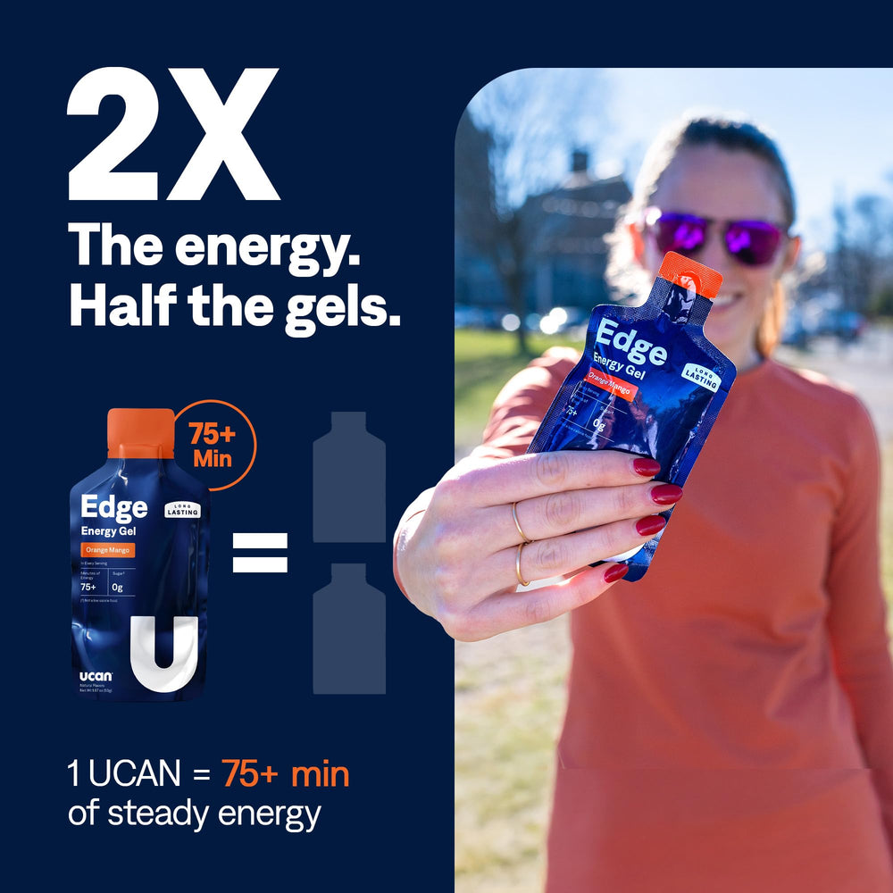 UCAN Edge detalle del sello LIVSTEADY e ingredientes, innovación para energía sostenida