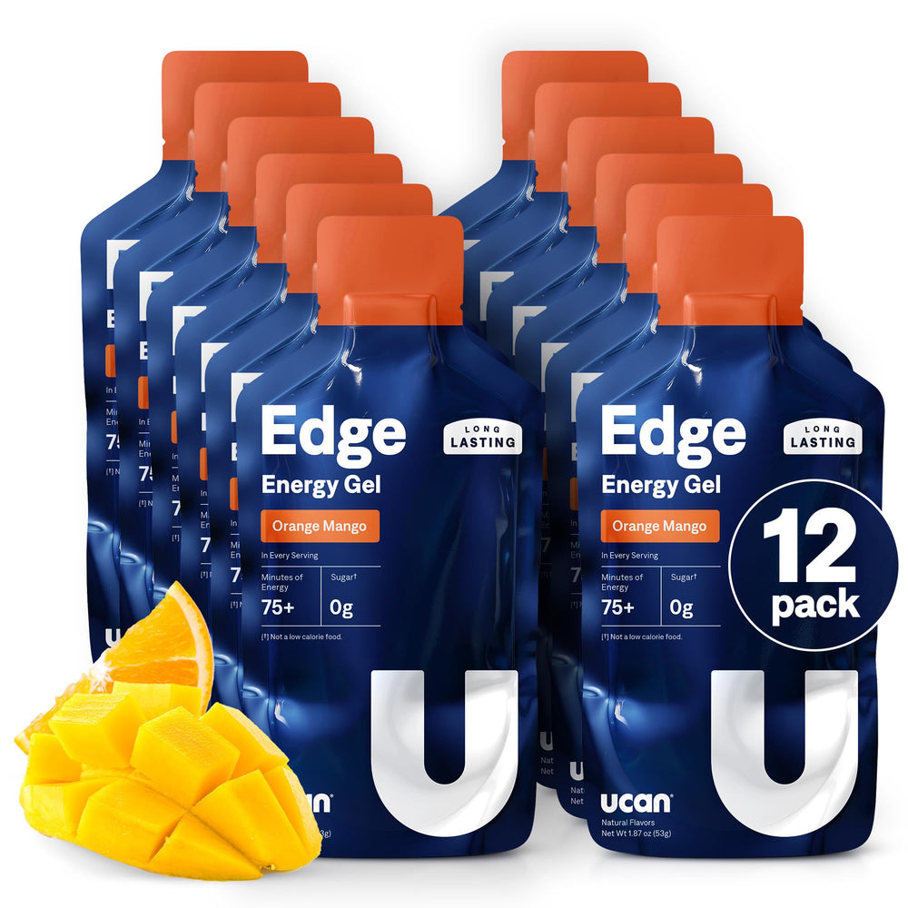 UCAN Edge frente del paquete mostrando diseño y sabor naranja mango, claridad en beneficios