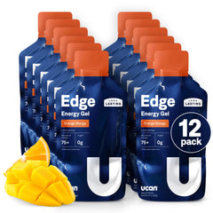 UCAN Edge frente del paquete mostrando diseño y sabor naranja mango, claridad en beneficios