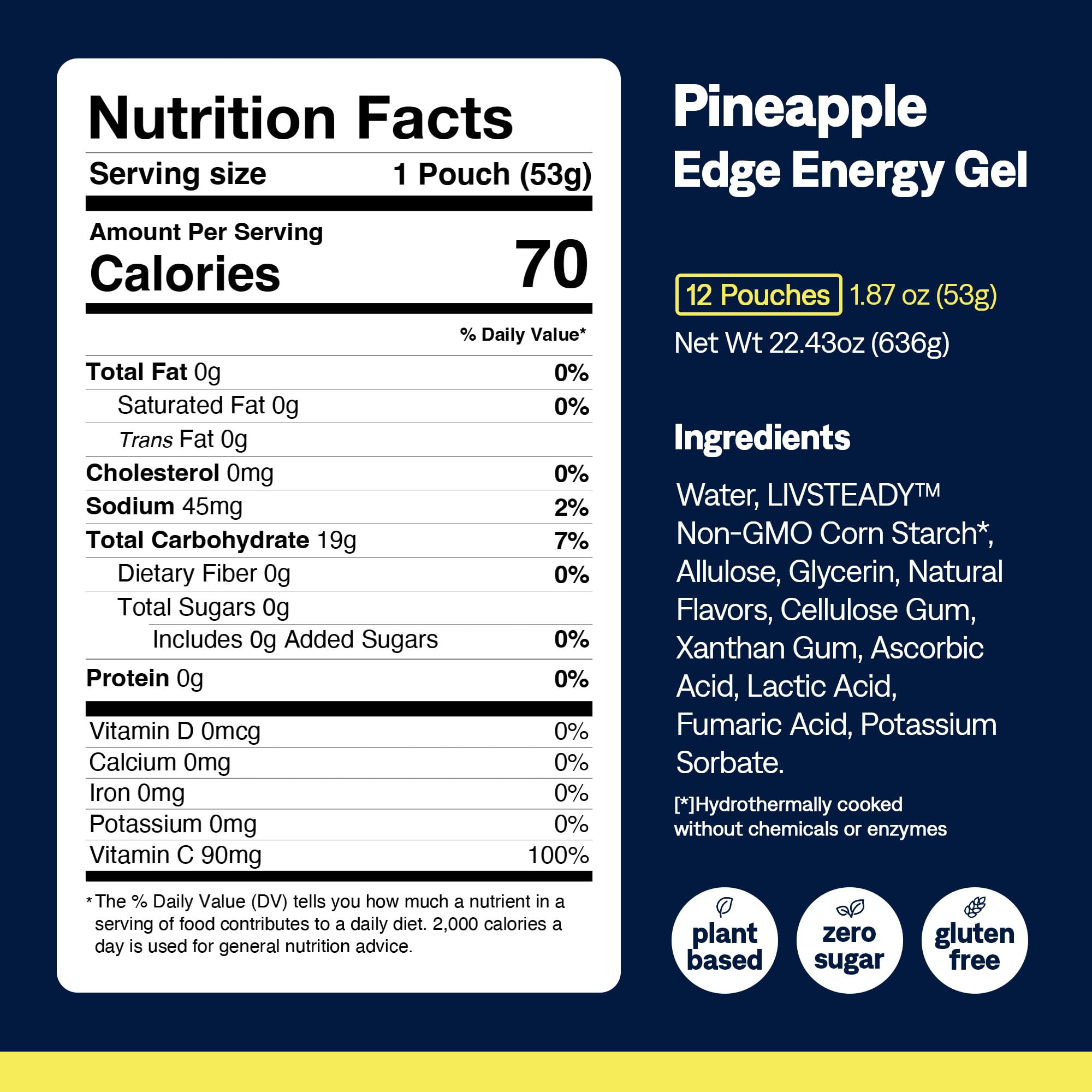 UCAN Edge piña etiqueta de ingredientes destacando fórmula vegana y sin azúcar