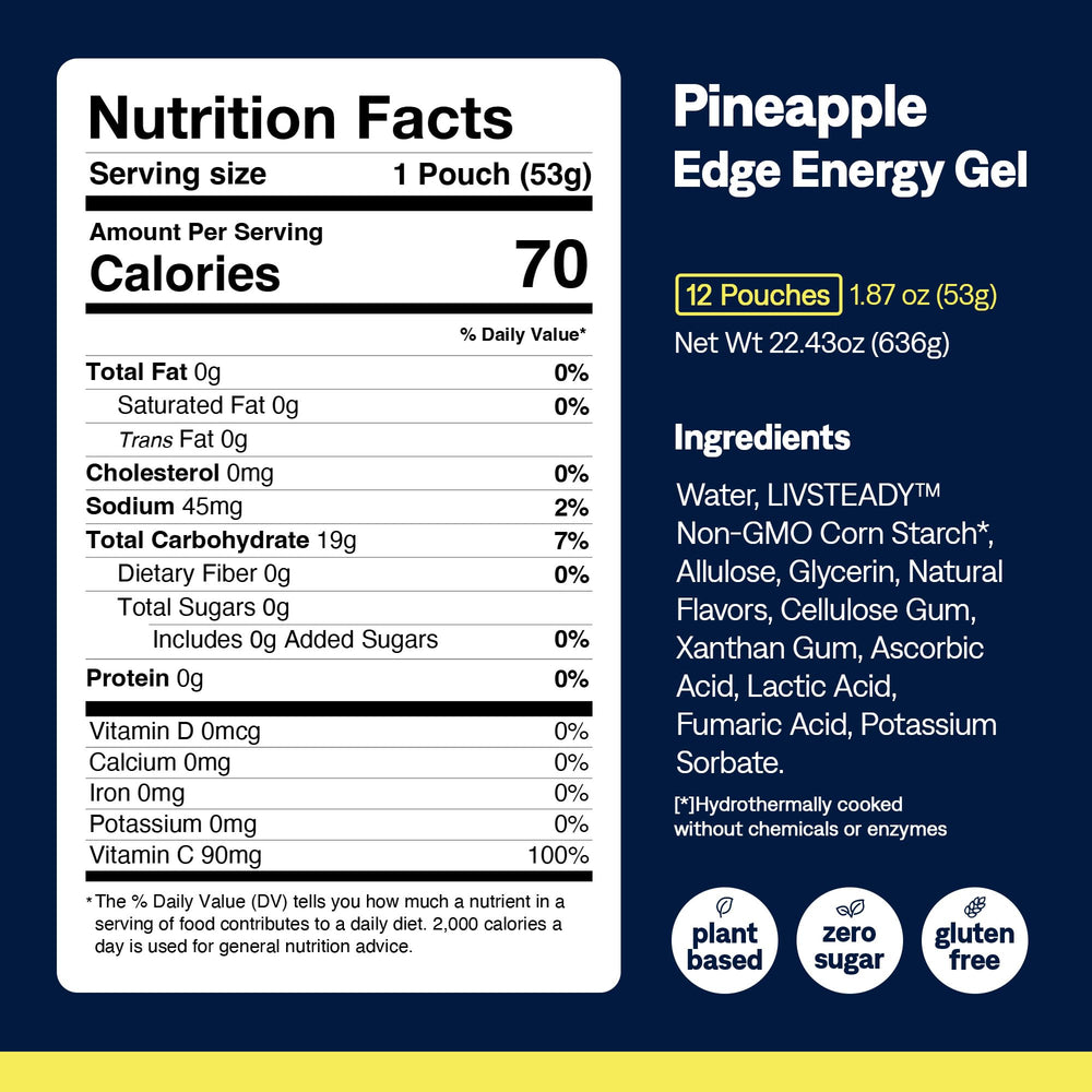 UCAN Edge piña etiqueta de ingredientes destacando fórmula vegana y sin azúcar