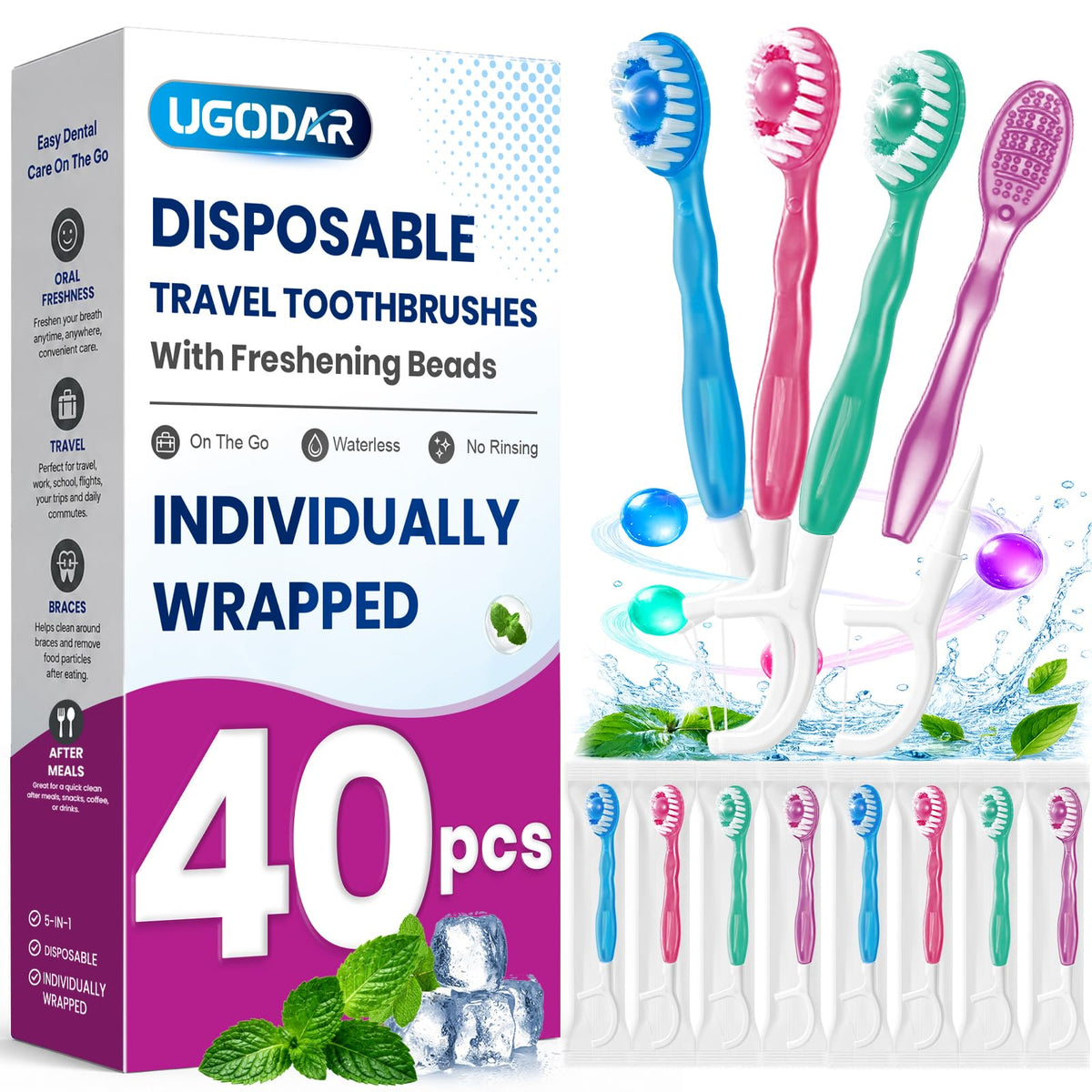 UGODAR empaque frontal mostrando 40 unidades y sabores — conveniencia para viajes