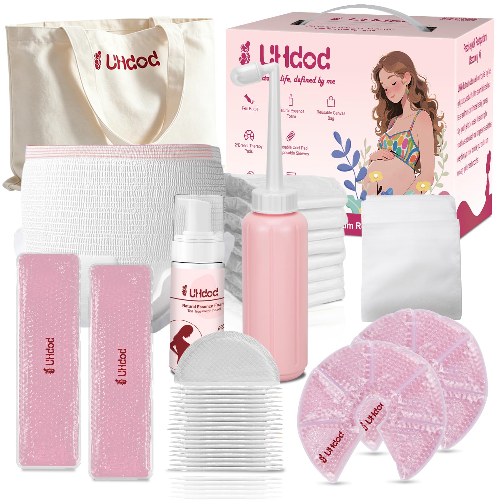 UHdod kit postparto frontal mostrando todos los componentes para recuperación rápida