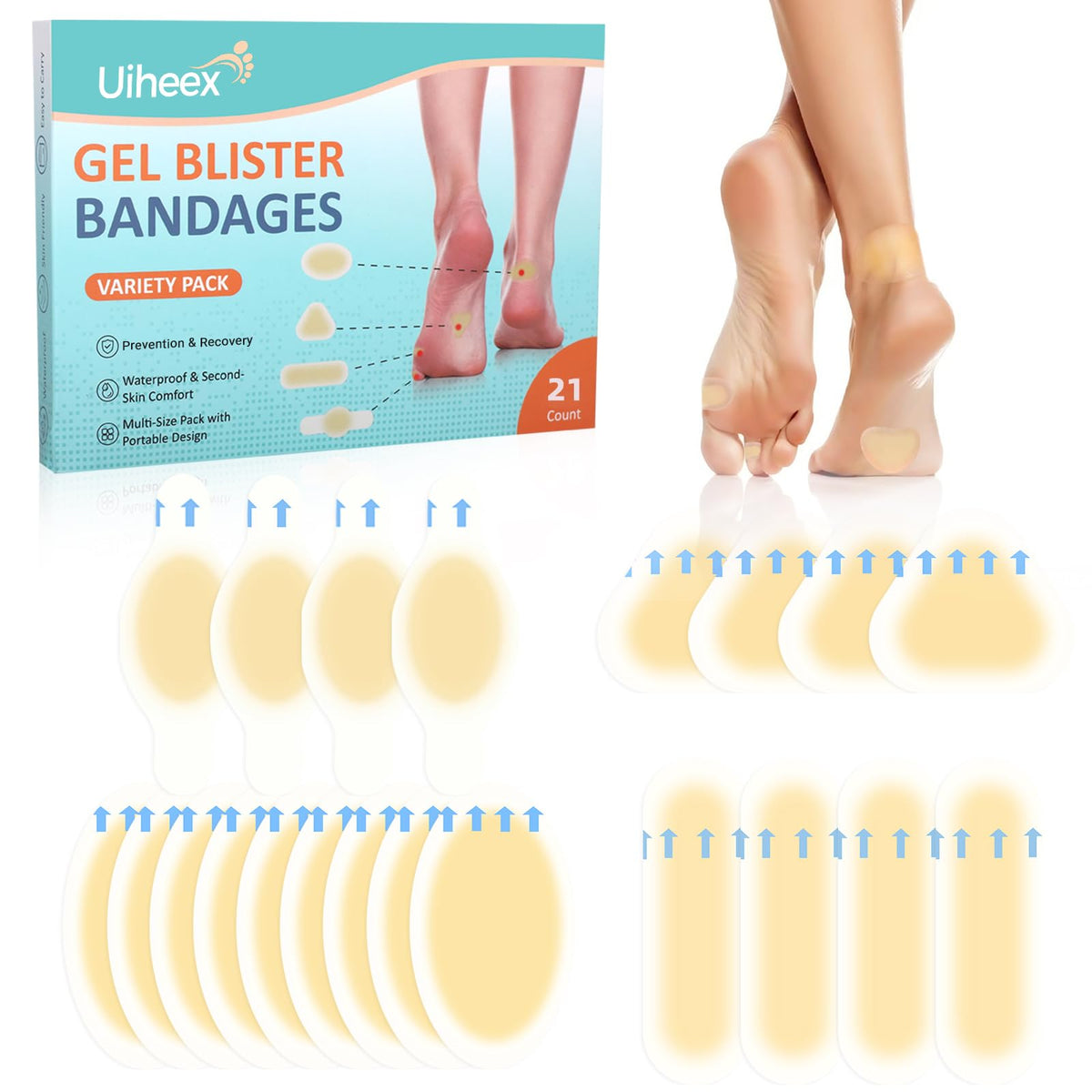 Uiheex frente del empaque mostrando 21 parches y beneficios de protección