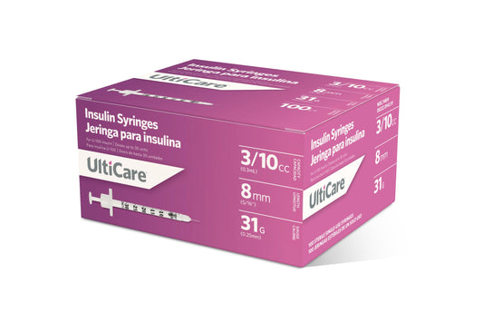 UltiCare paquete frontal de 100 jeringas muestra contenido y conveniencia
