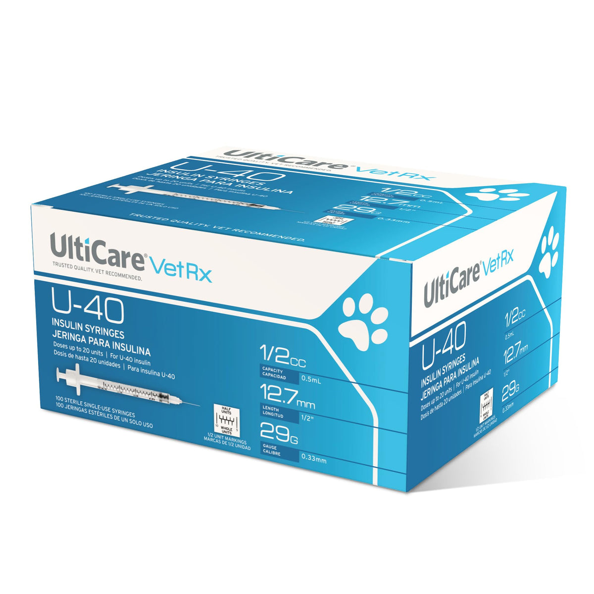 UltiCare VetRx caja frontal mostrando 100 jeringas y marca, almacenamiento seguro
