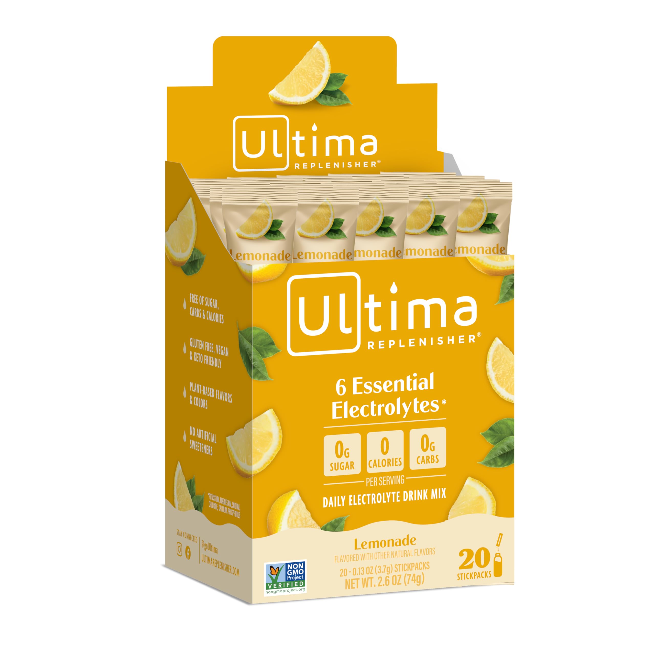 Ultima Replenisher frente del paquete mostrando 20 sobres y diseño limón, fácil transporte