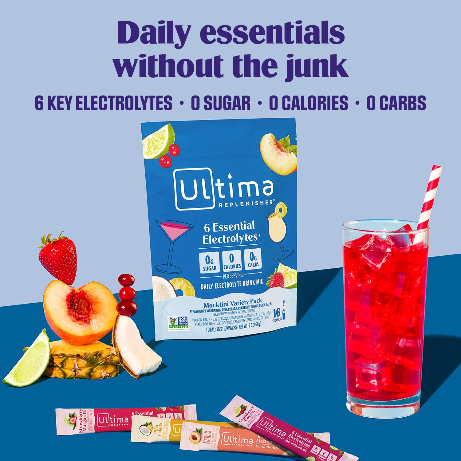Ultima Replenisher stickpacks en primer plano, fácil transporte y uso