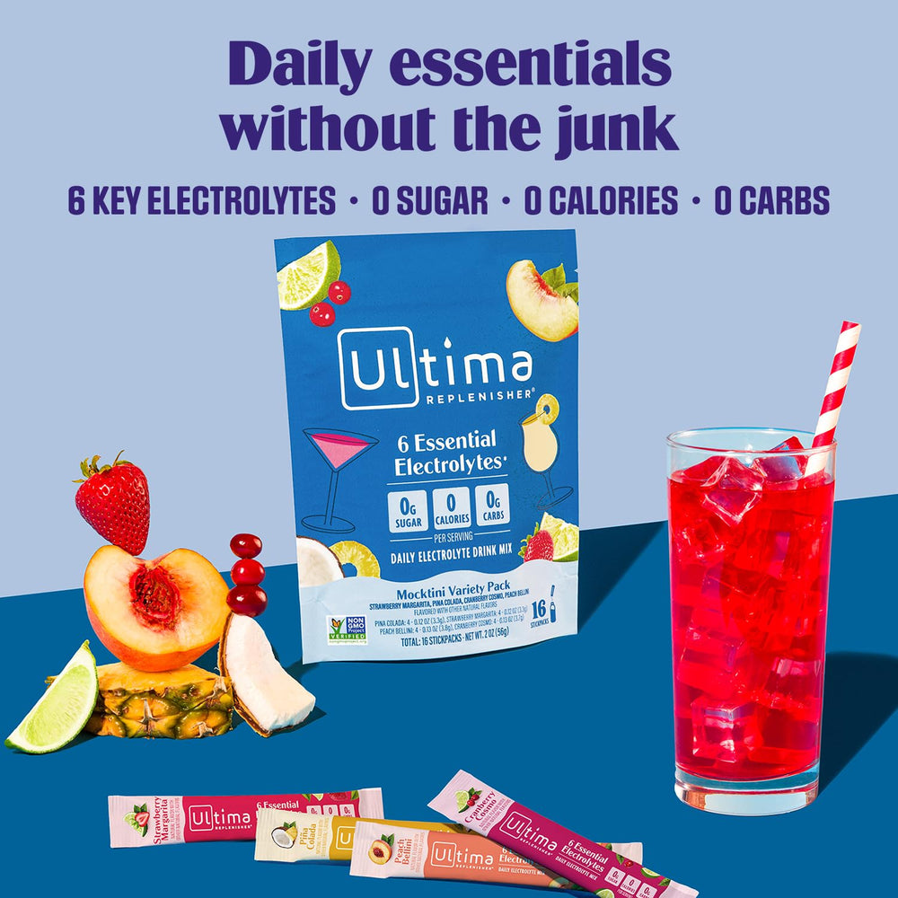 Ultima Replenisher stickpacks en primer plano, fácil transporte y uso
