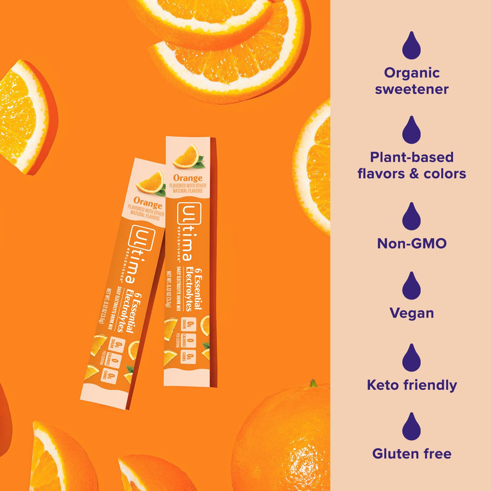 Ultima Replenisher bebida naranja en vaso con hielo refrescante y sin calorías