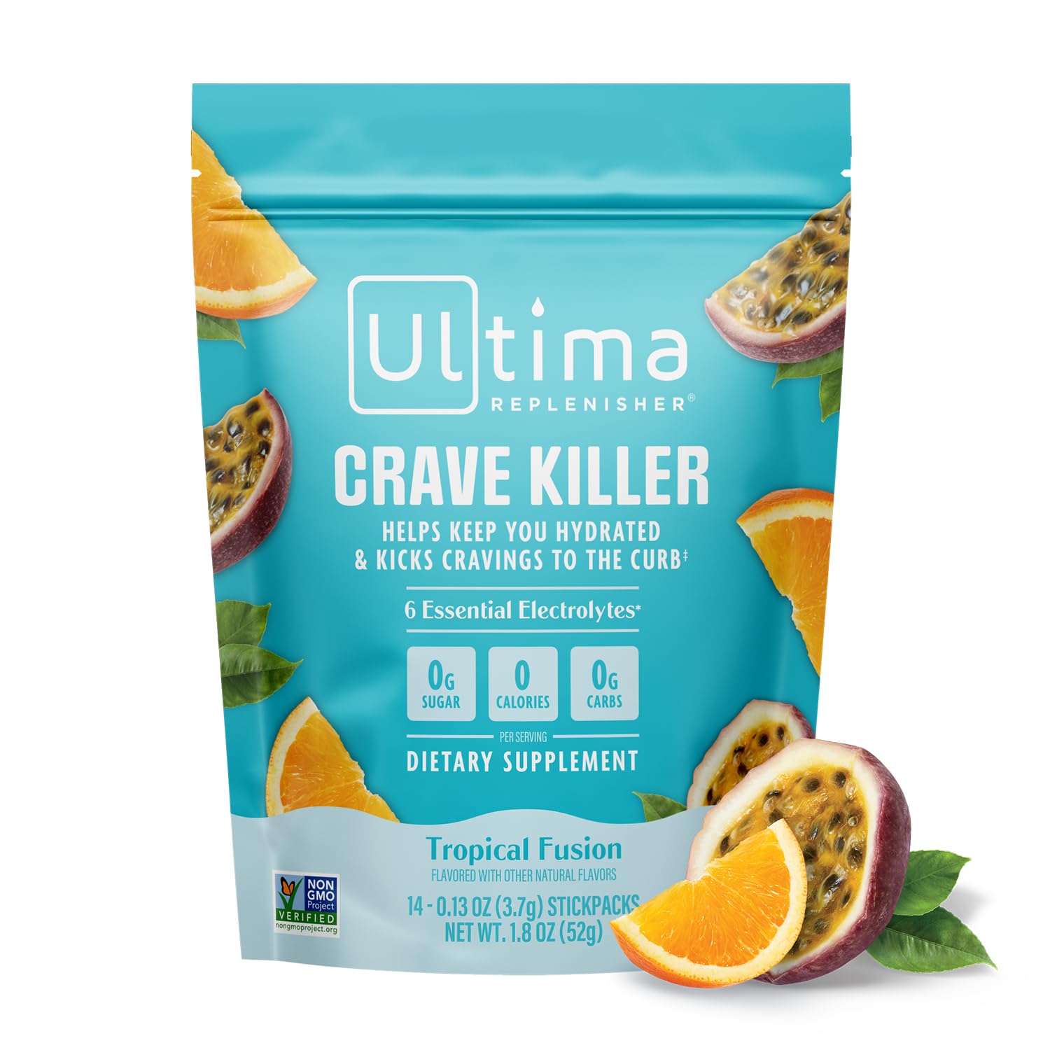 Ultima Replenisher frente del empaque mostrando 14 stickpacks y beneficio portátil