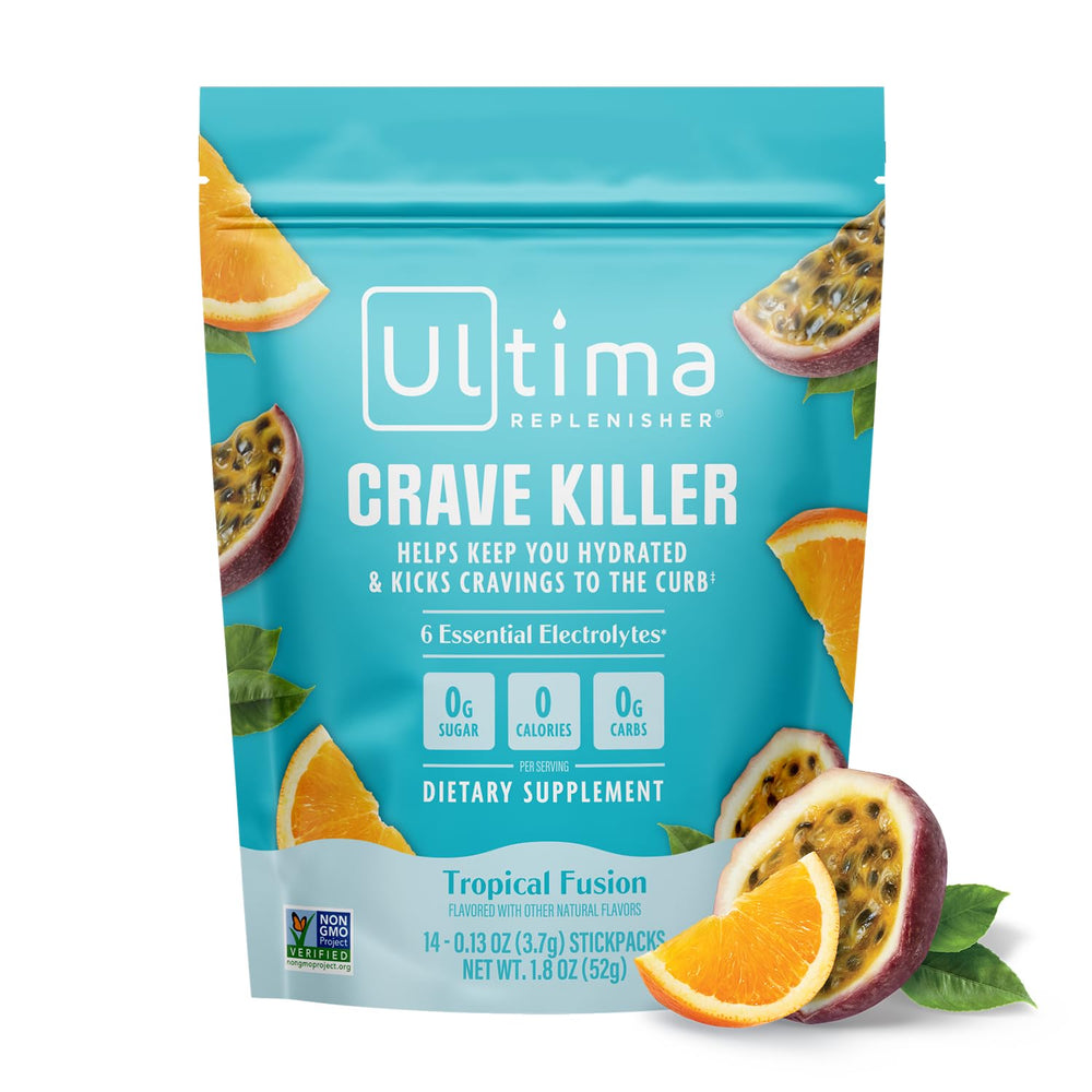 Ultima Replenisher frente del empaque mostrando 14 stickpacks y beneficio portátil