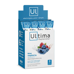 Ultima Replenisher empaque frontal mostrando sabor blue raspberry y beneficios