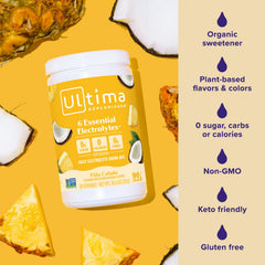 Ultima Replenisher etiqueta con lista de electrolitos y beneficios claros