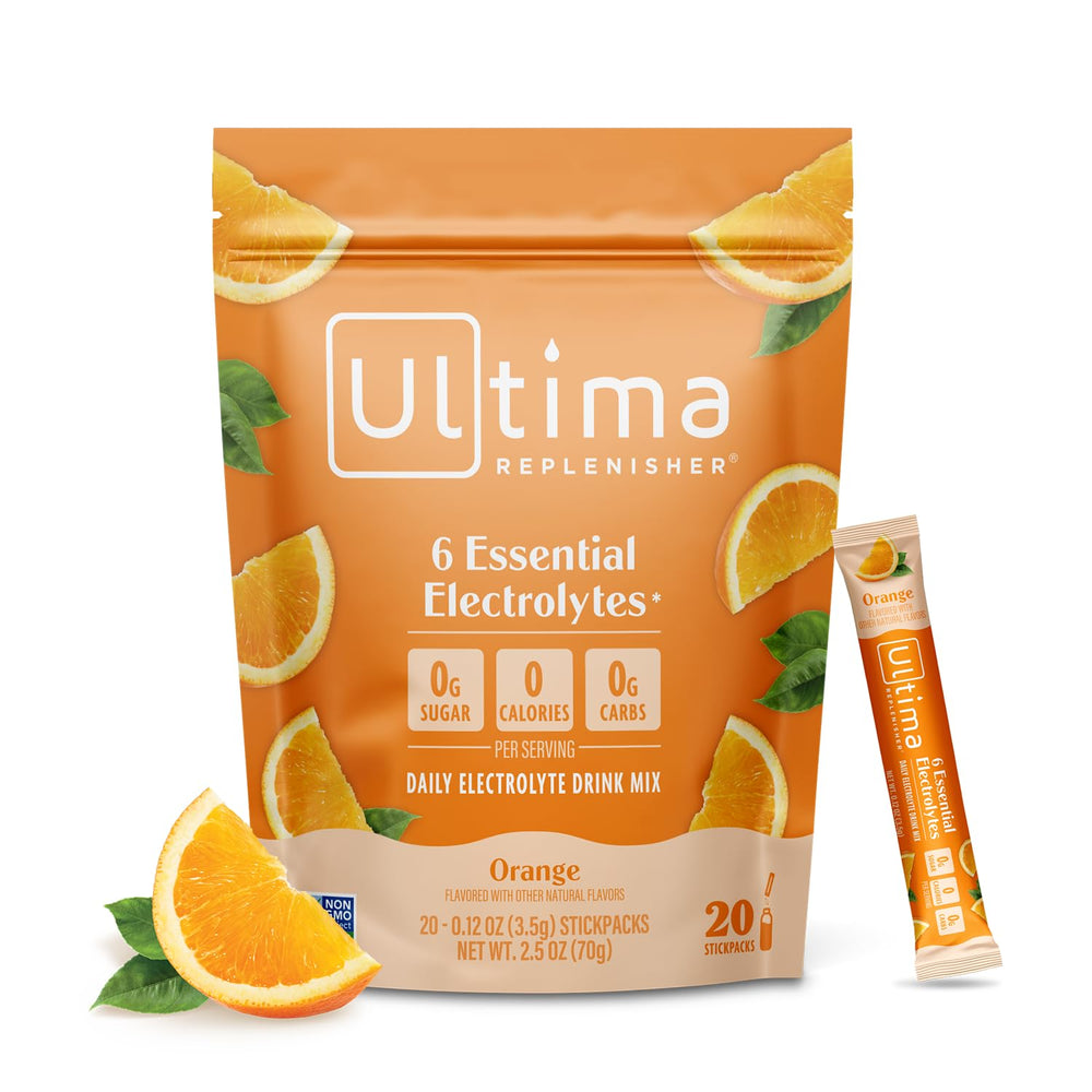 Ultima Replenisher empaque frontal naranja mostrando 20 stickpacks y beneficios