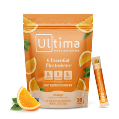 Ultima Replenisher empaque frontal naranja mostrando 20 stickpacks y beneficios