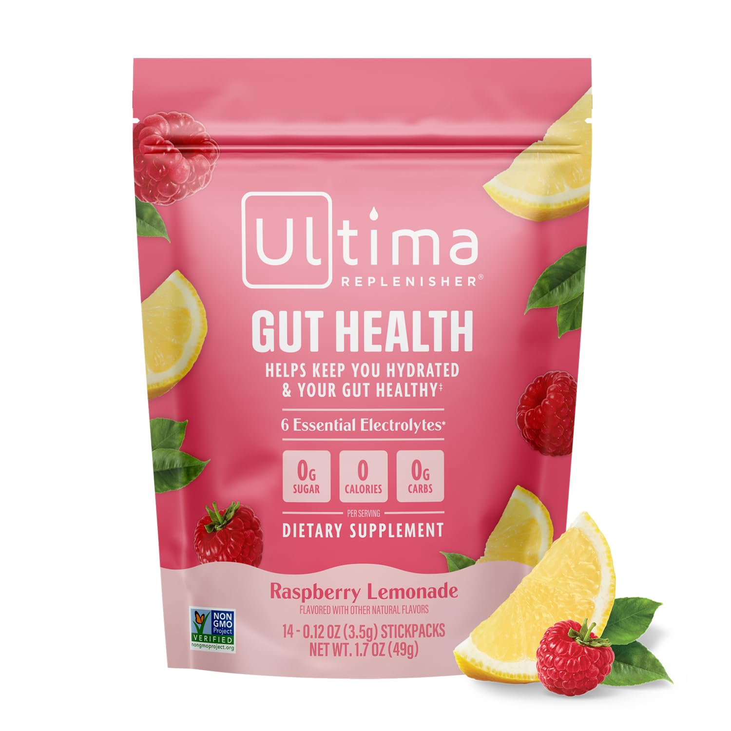 Ultima Replenisher frente del empaque mostrando 14 stickpacks y beneficios
