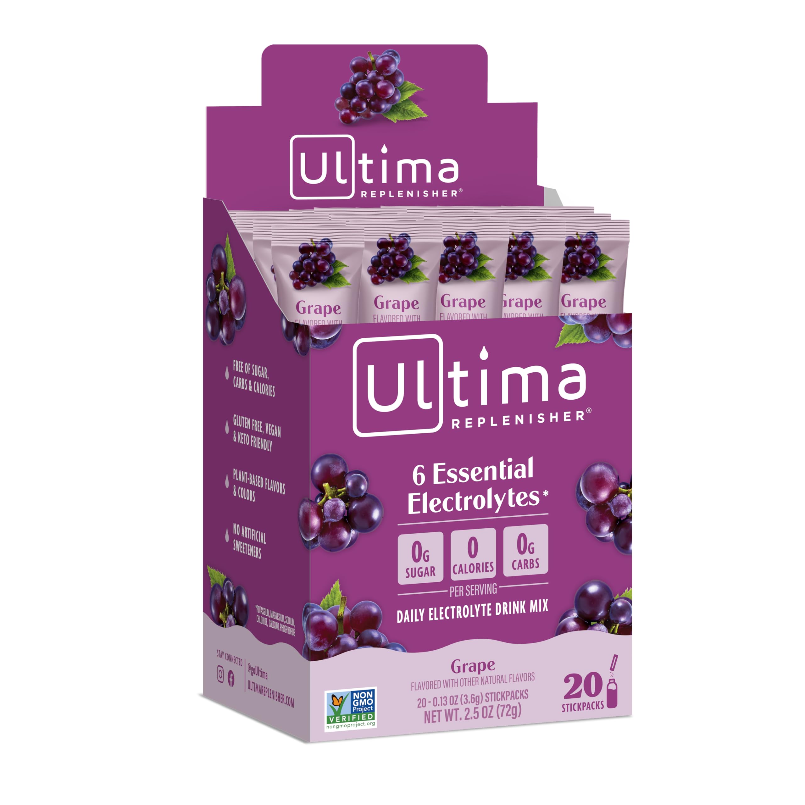 Ultima Replenisher frente del empaque mostrando 20 sobres y sabor uva, práctico para viajes
