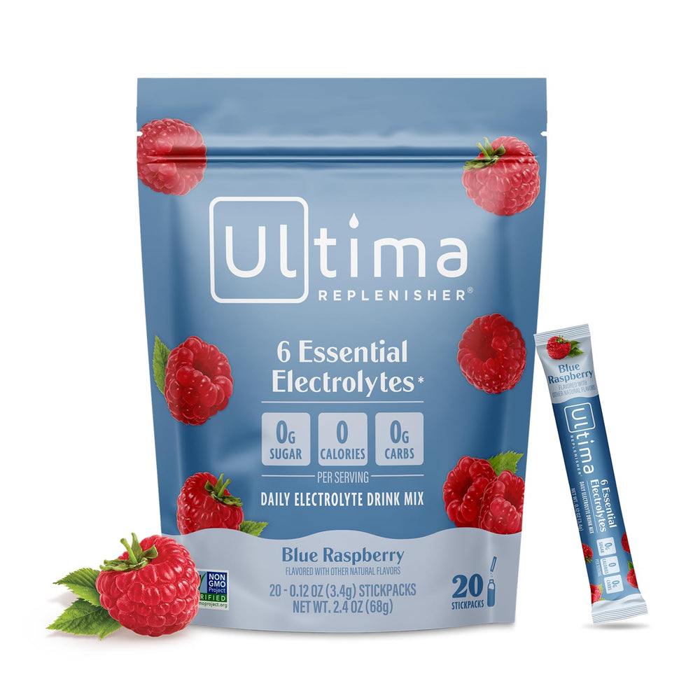 Ultima Replenisher vista frontal del empaque mostrando sabor blue raspberry y beneficios