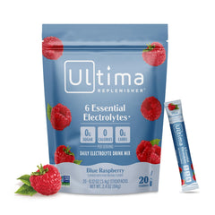 Ultima Replenisher vista frontal del empaque mostrando sabor blue raspberry y beneficios