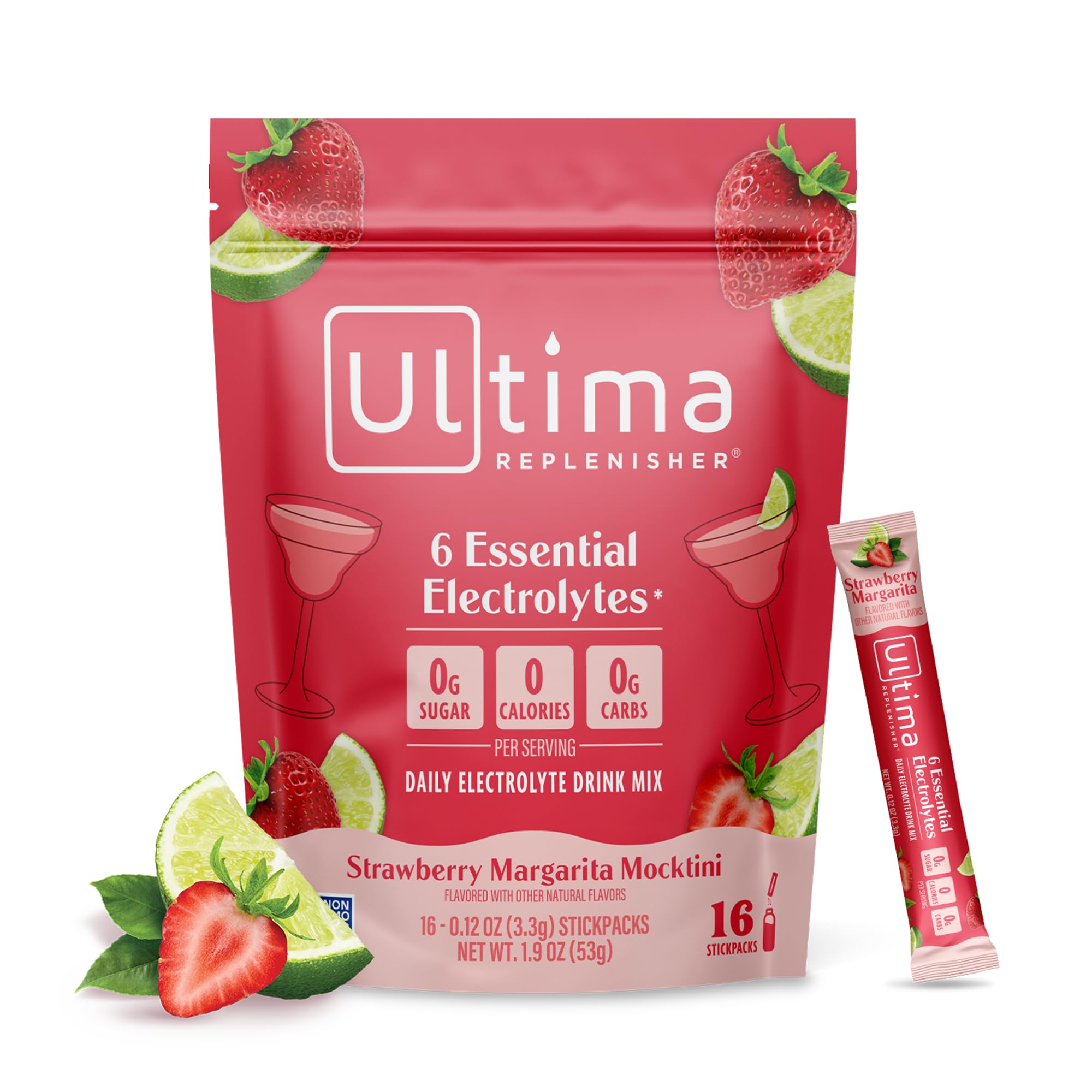 Ultima Replenisher frontal del paquete mostrando los 16 stickpacks y diseño atractivo