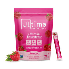 Ultima Replenisher frontal del empaque mostrando 20 stickpacks y beneficio portátil