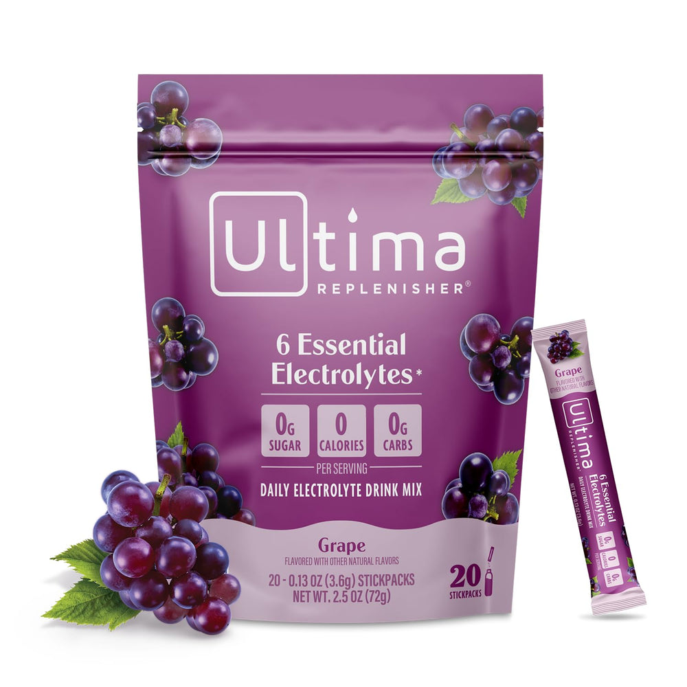 Ultima Replenisher empaque frontal sabor uva mostrando diseño y beneficios