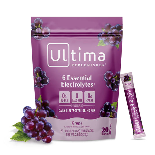 Ultima Replenisher empaque frontal sabor uva mostrando diseño y beneficios