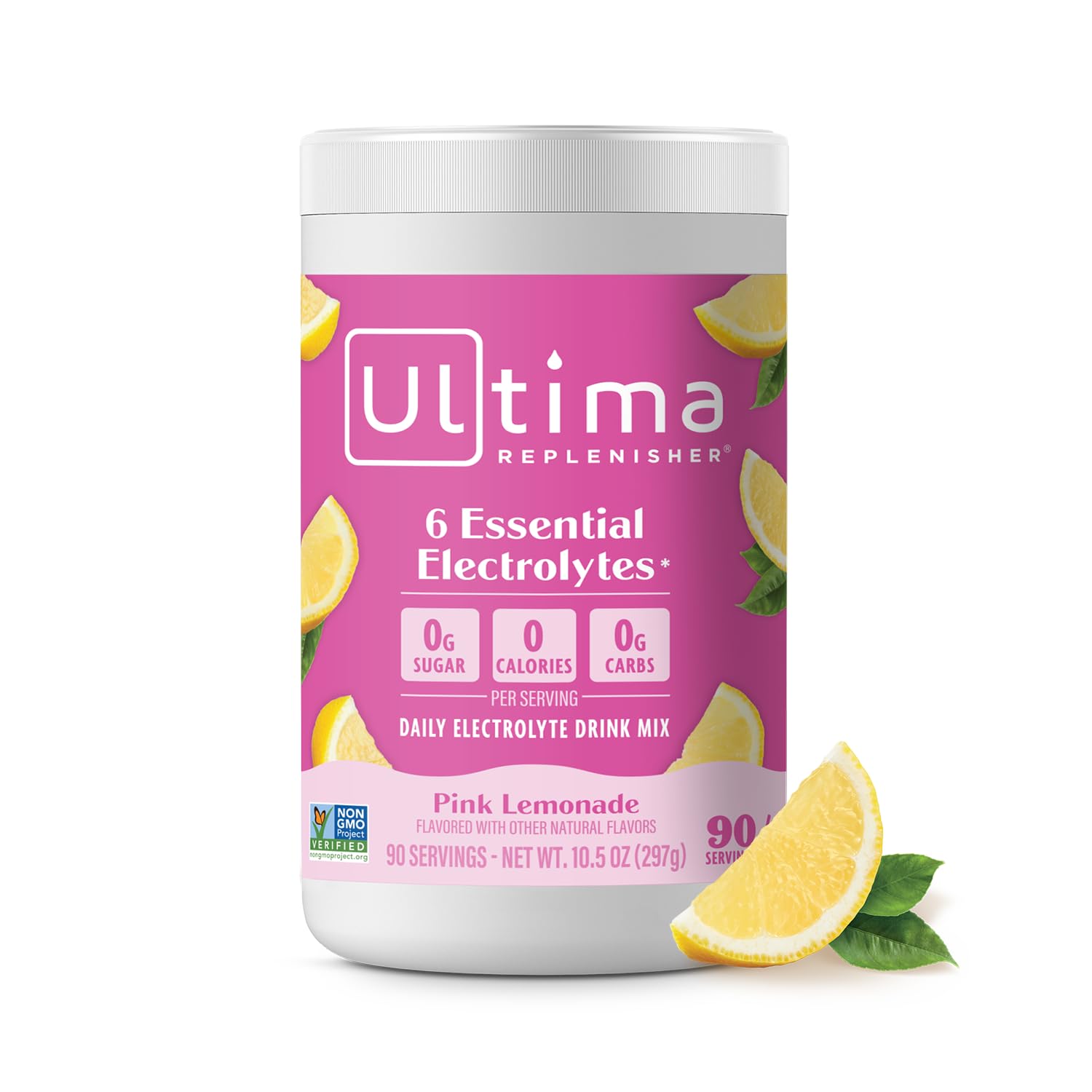Ultima Replenisher lata frontal mostrando envase y 90 servicios, hidratación conveniente