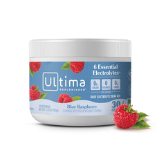 Ultima Replenisher lata frontal mostrando el envase y sabor frambuesa azul, fácil identificación