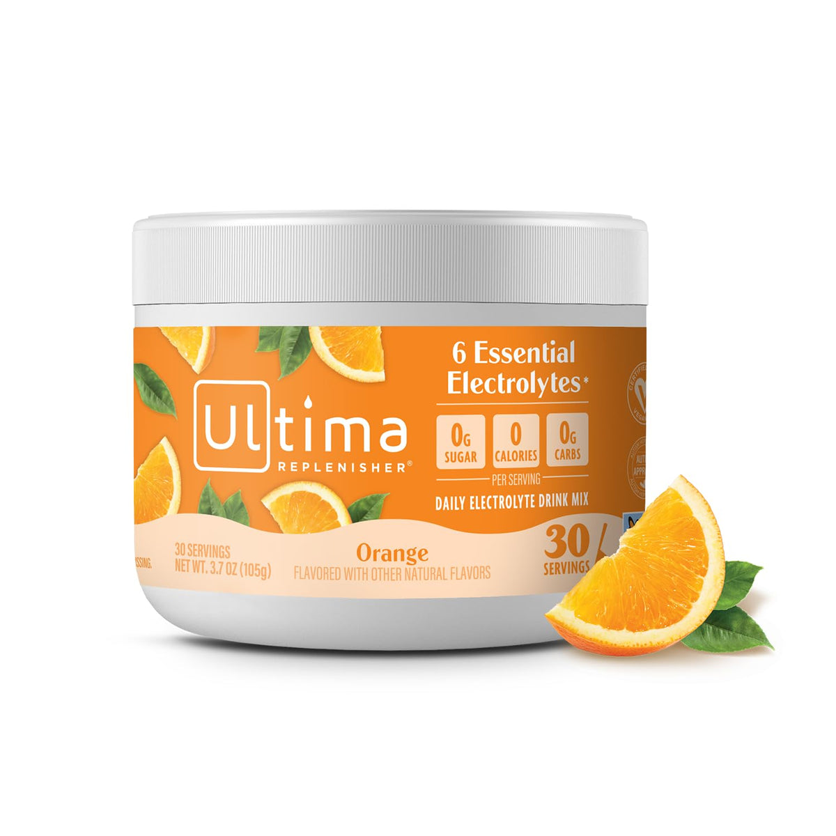 Ultima Replenisher frontal mostrando el envase y sabor naranja, hidratación fácil