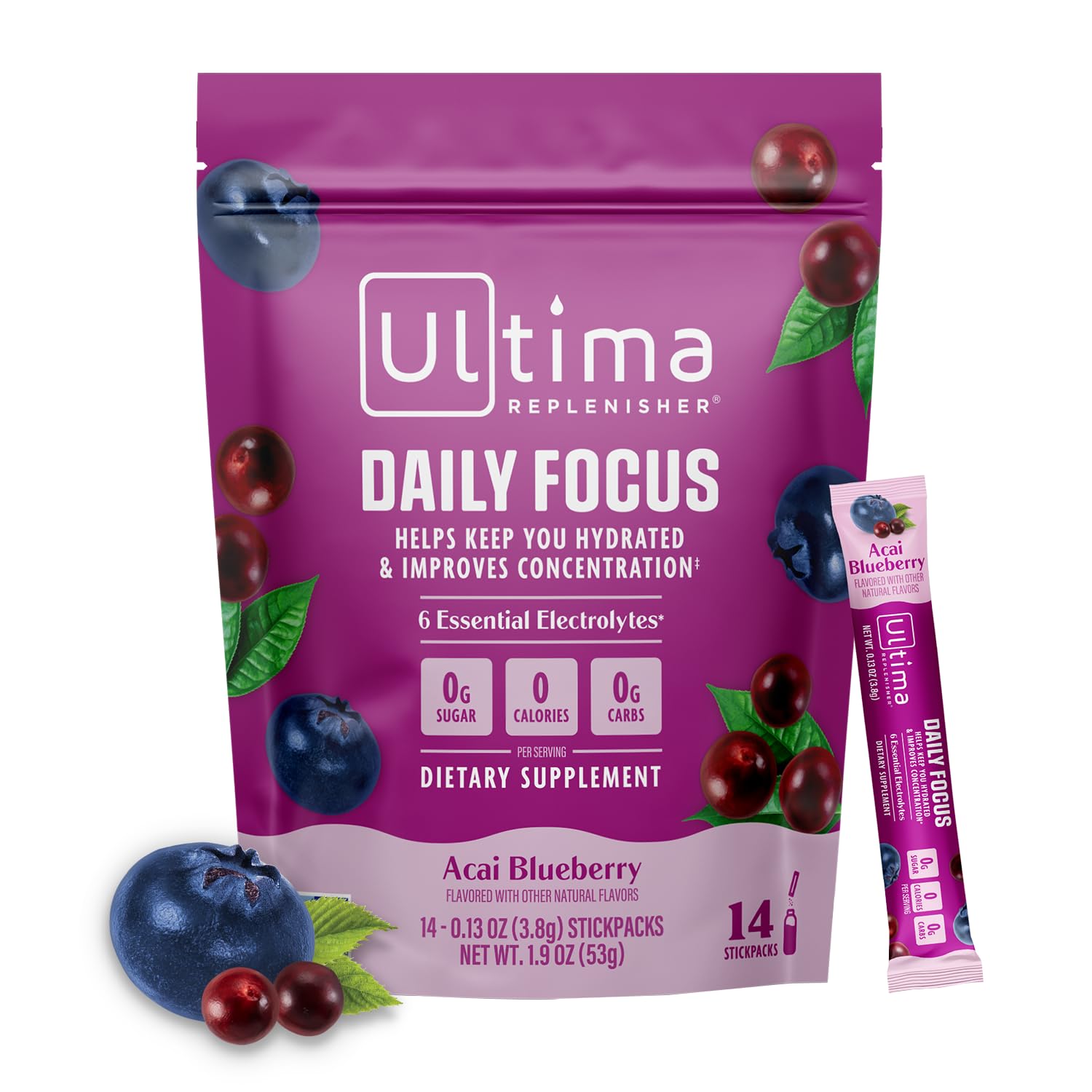 Ultima Replenisher envase frontal mostrando stickpacks y marca, hidratación portátil