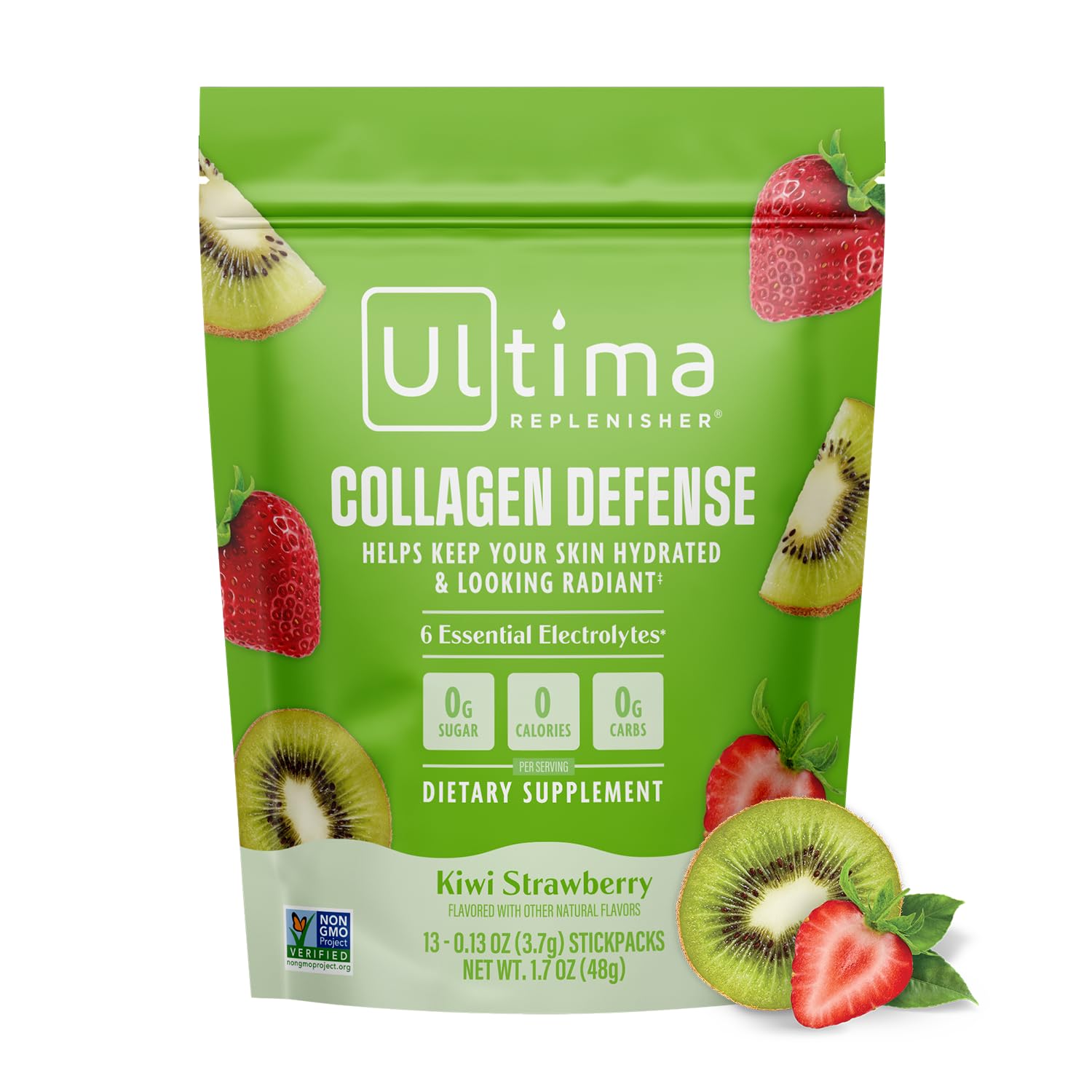Ultima Replenisher vista frontal del empaque mostrando stickpacks y sabor kiwi fresa, conveniente para viaje
