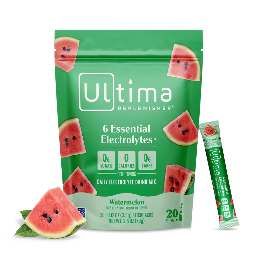 Ultima Replenisher envase frontal mostrando 20 stickpacks y beneficio portátil