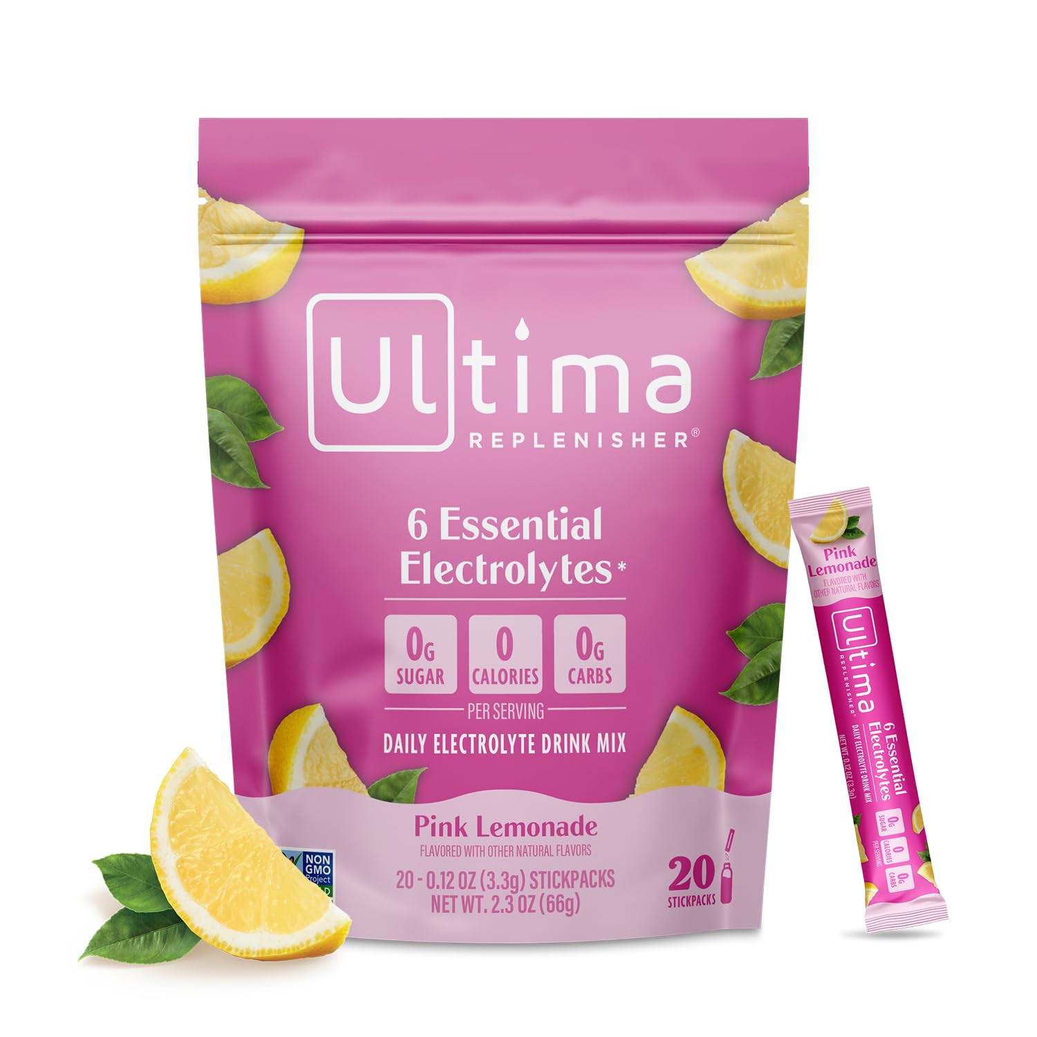 Ultima Replenisher envase frontal mostrando 20 stickpacks y beneficio conveniencia