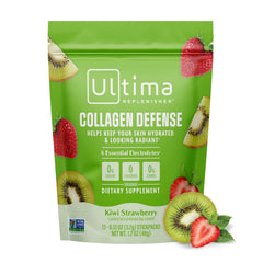 Ultima Replenisher vista frontal del empaque mostrando stickpacks y sabor kiwi fresa, conveniente para viaje