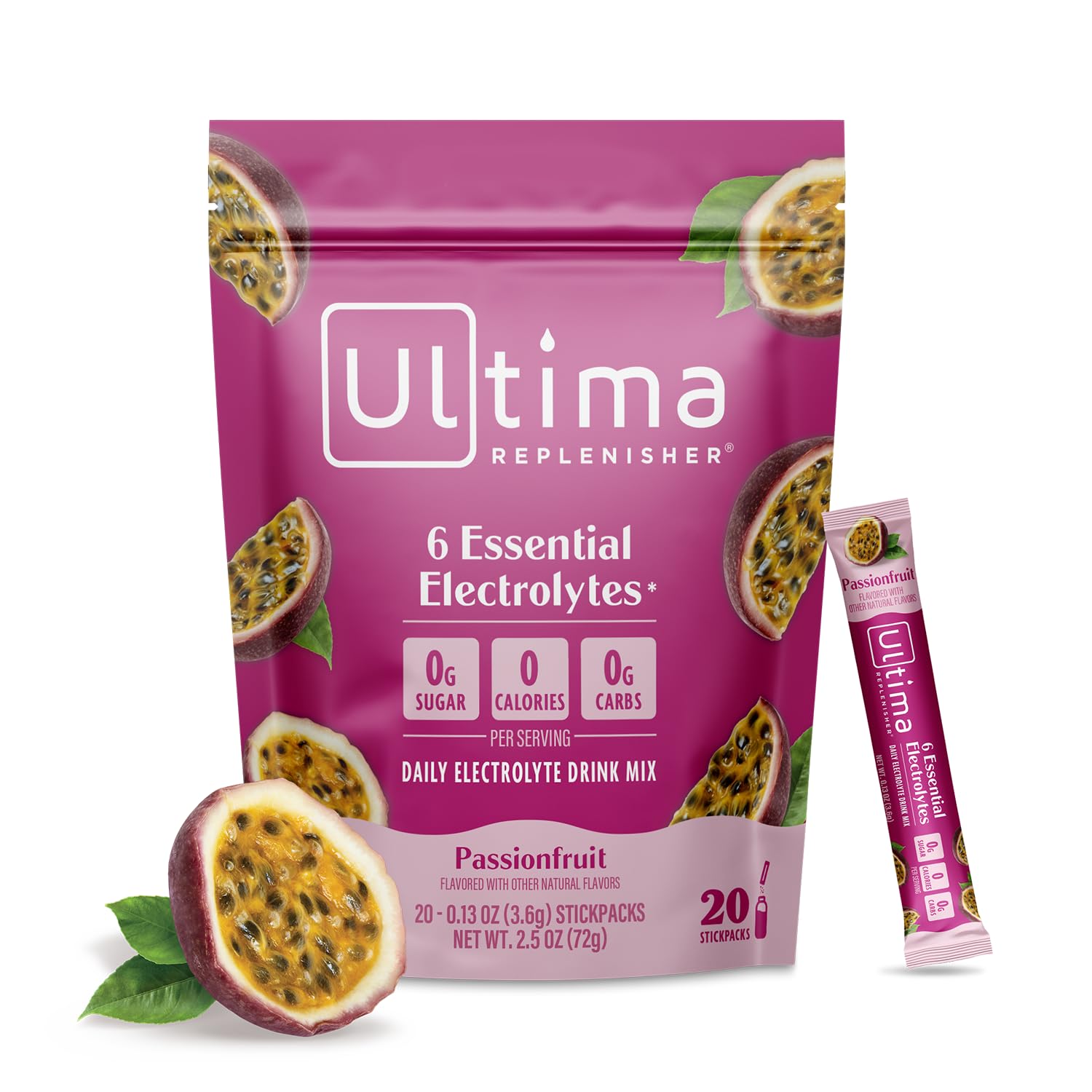 Ultima Replenisher frente de caja mostrando 20 stickpacks y beneficio de hidratación equilibrada