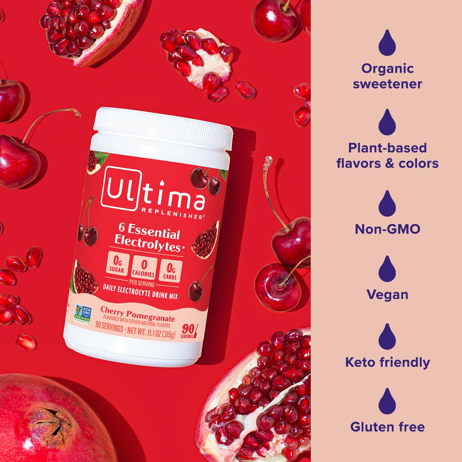 Ultima Replenisher etiqueta nutricional destacando electrolitos y sin azúcar