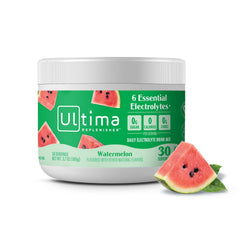 Ultima Replenisher frente del envase muestra 30 servicios y sabor sandía para hidratación diaria