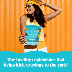 Ultima Replenisher stickpack abierto mostrando polvo y textura para fácil disolución