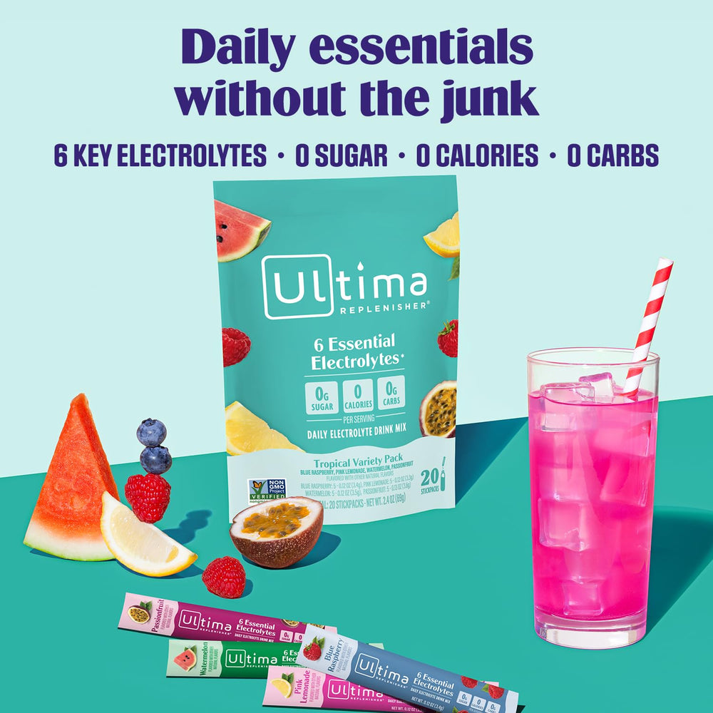 Ultima Replenisher stickpack cercano detalle del sobre para fácil uso portátil